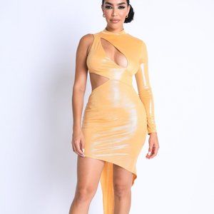 Women's Sexy Valentine Taupe Foil Asymmetric Sleeve And Cut Out Midi Dress NWT